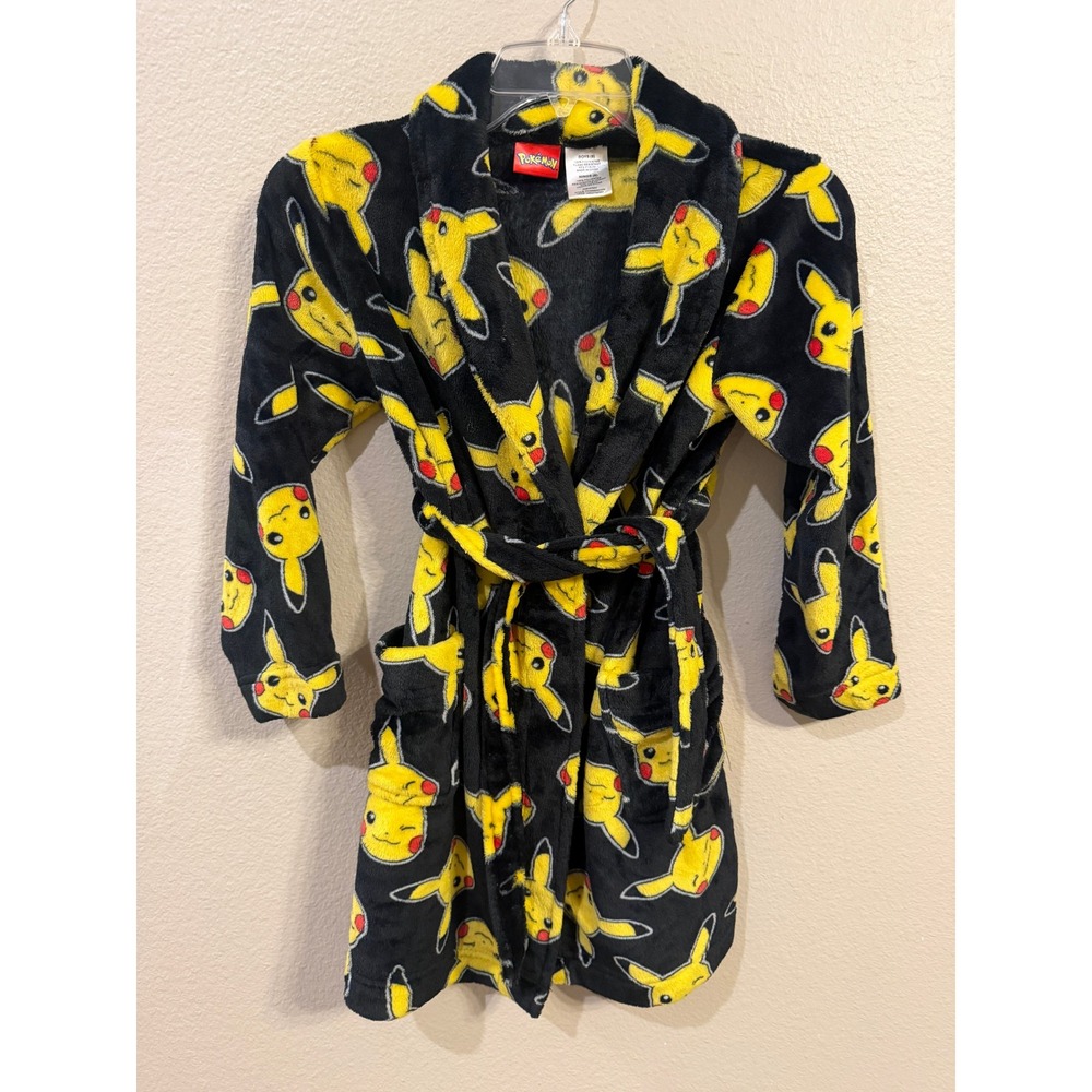 Pokemon Pikachu Fleece Bathrobe Boys Size 8 Black Yellow Excellent Plush Wrap